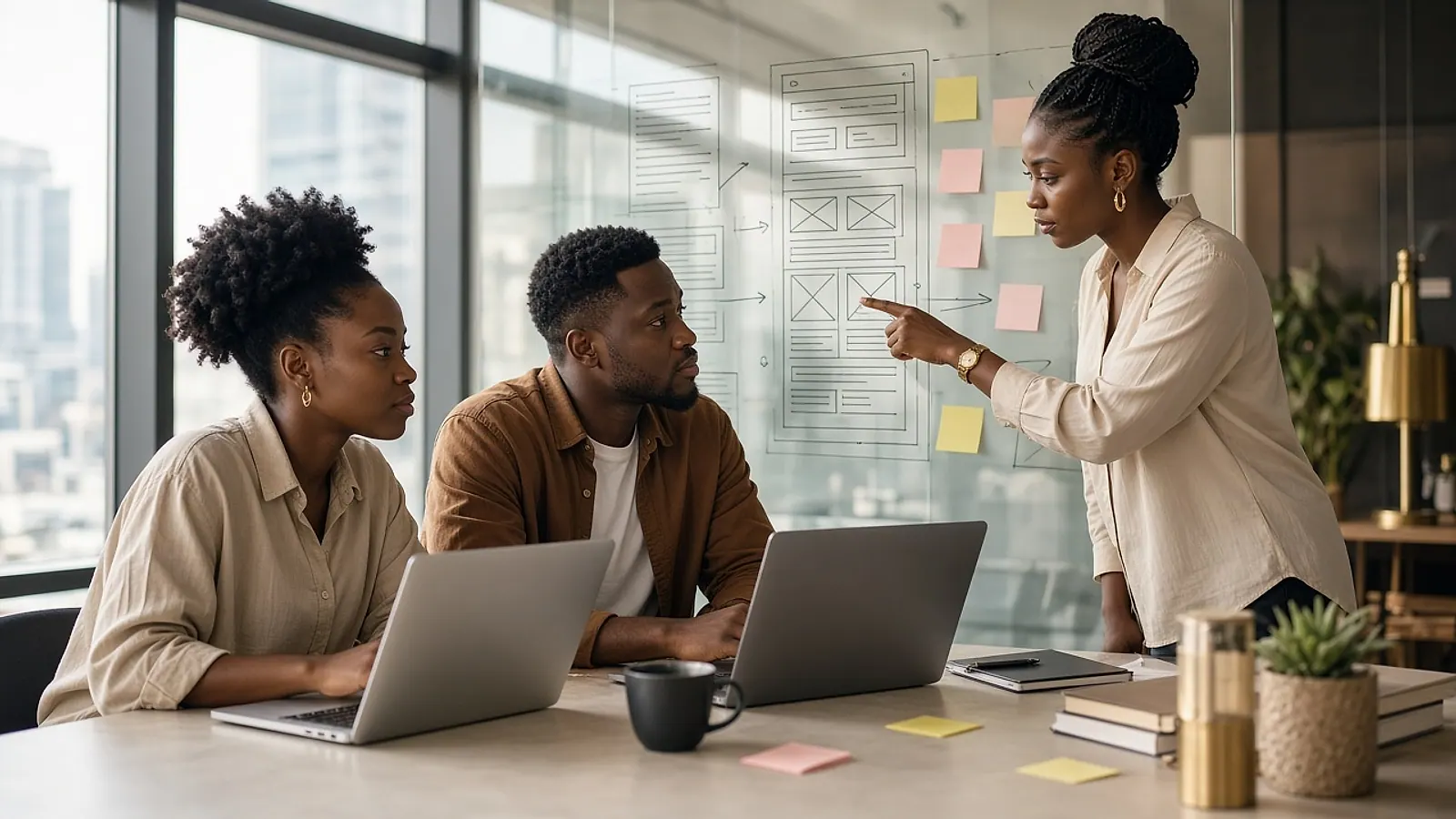 A product team reviewing wireframes together