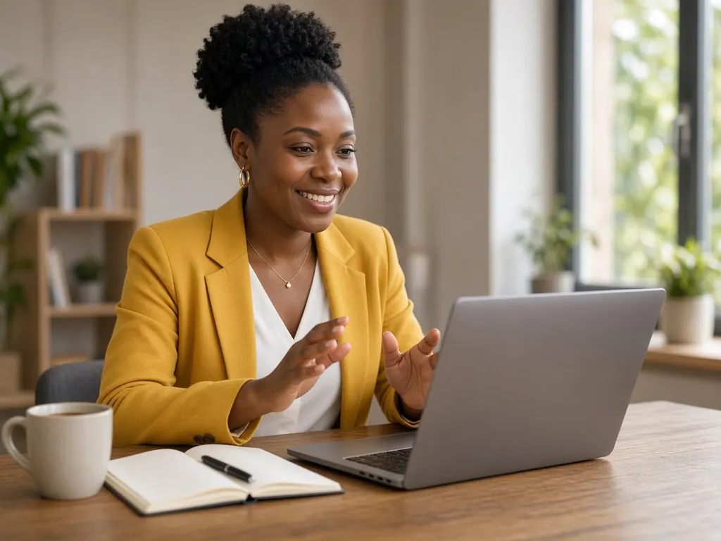 A consultant smiling on a video call