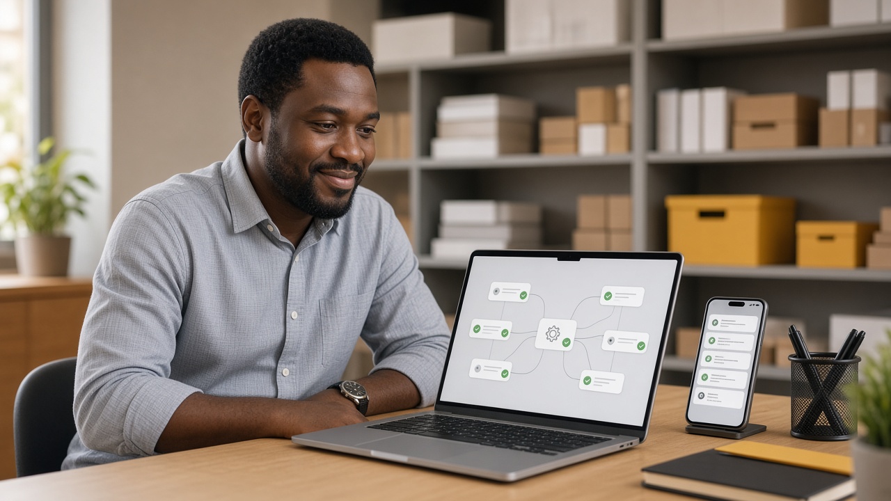 Business owner at a laptop reviewing an automated workflow with notifications on his phone