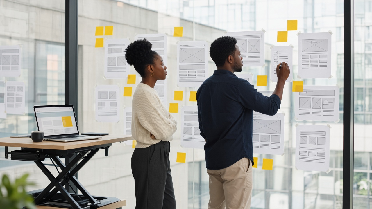 Two professionals planning a website redesign with wireframes and sticky notes on a glass wall