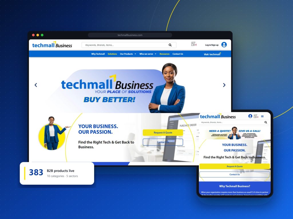 Techmall Business B2B website shown on a desktop browser and a tablet