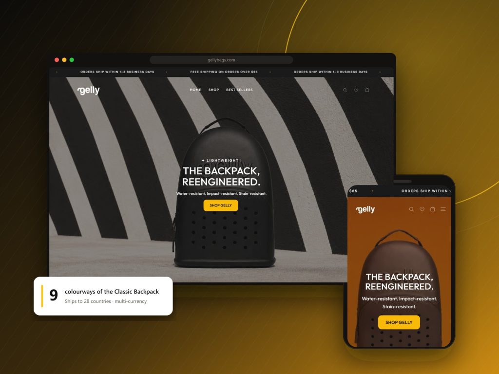 Gelly online store shown on a desktop browser and a phone, with the black Classic Backpack hero