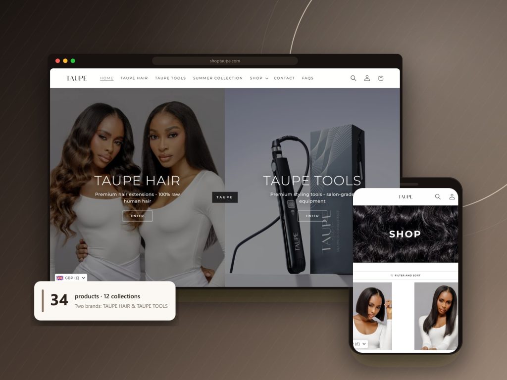 TAUPE online store shown on a desktop browser and a phone, with the TAUPE HAIR and TAUPE TOOLS homepage